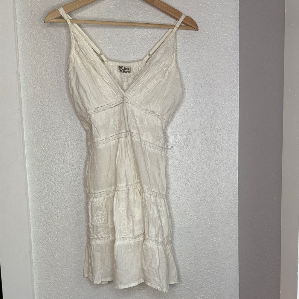 Siya White Sleeveless Sun Dress cottagecore boho lace embroidered smocked lined